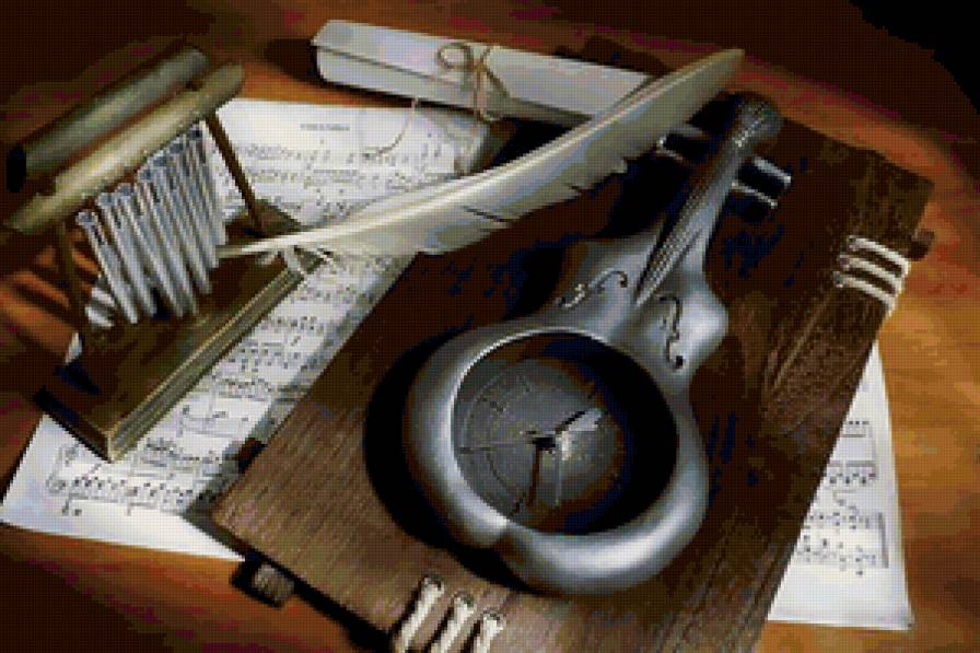 натюрморт - натюрморт, перо, часы - предпросмотр