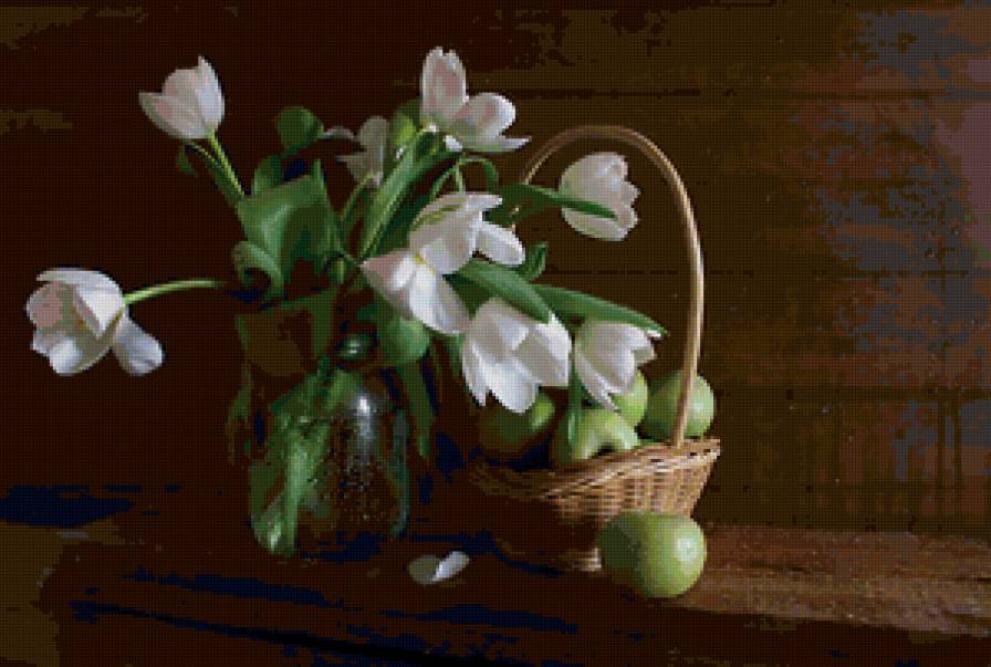 натюрморт - цветы, фрукты, натюрморт, тюльпаны, корзина, банка - предпросмотр