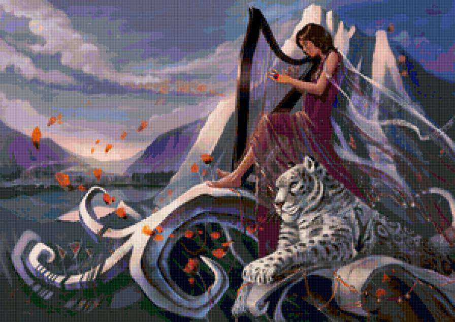 Фантазия с ирбисом - пейзаж, животные, море, горы, арфа, снежный барс, ирбис, девушка - предпросмотр