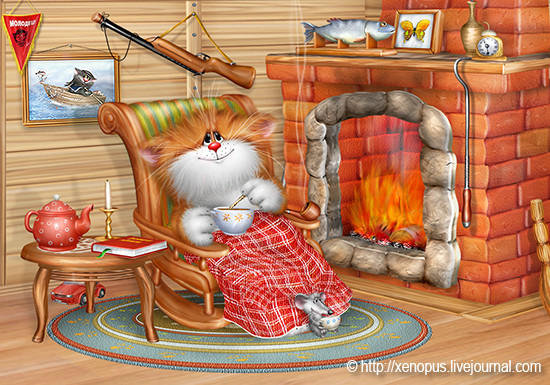 Котик у камина... - кот, камин, очаг... - оригинал