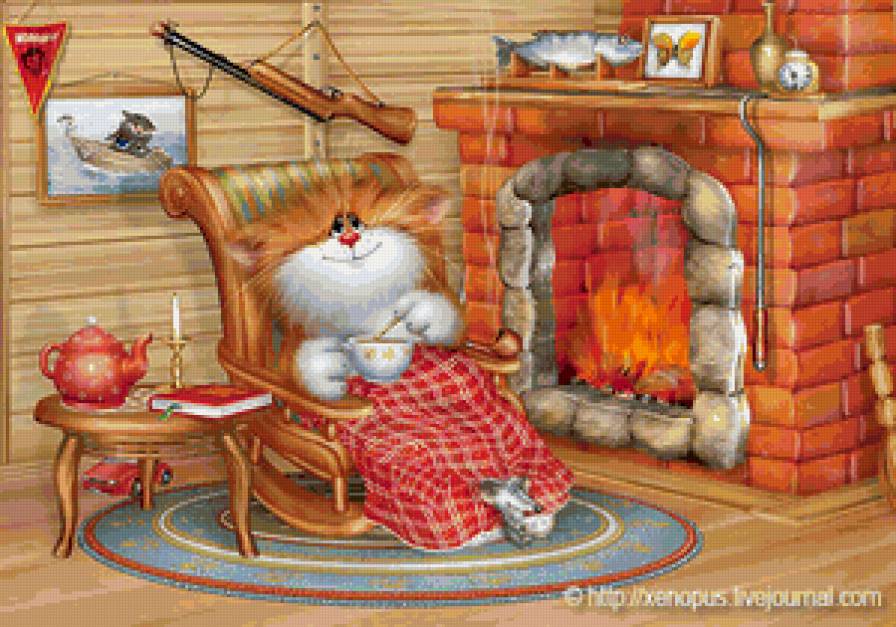 Котик у камина... - камин, очаг..., кот - предпросмотр