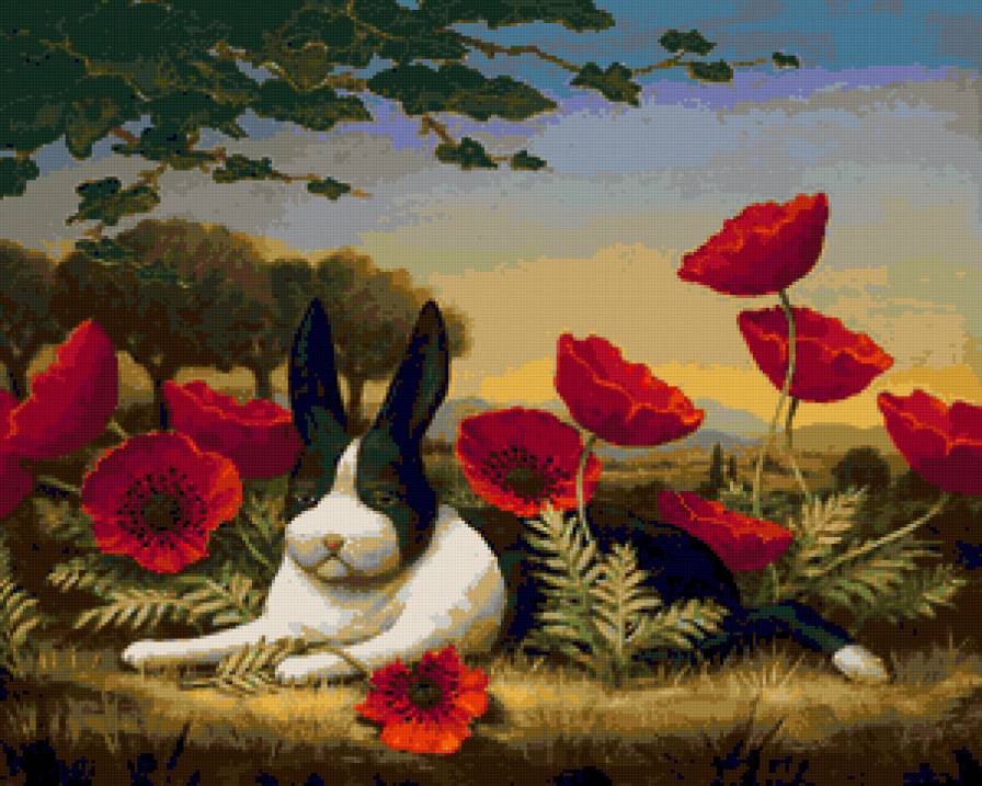 №163736 - маки, кролик, цветы, картина - предпросмотр