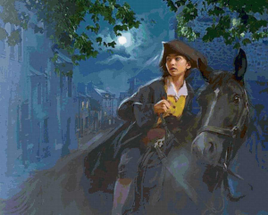 По улицам спящего города - город, девушка, красота женщины, ночь, луна, лошади, картина - предпросмотр