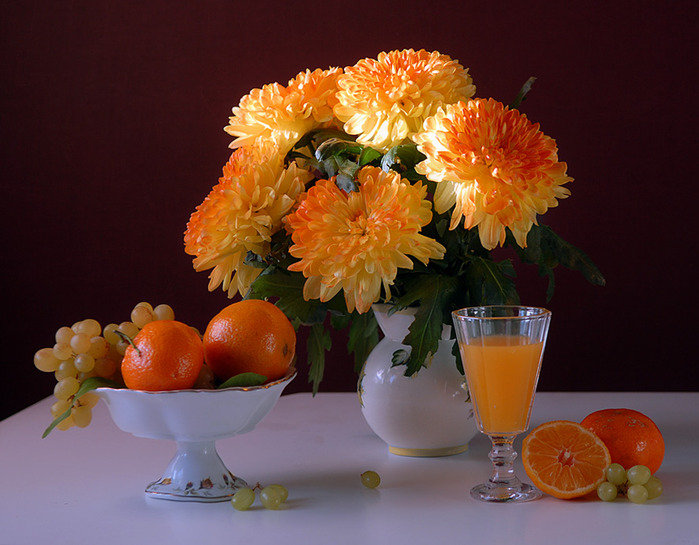 натюрморт - натюрморт, апельсины, фрукты, цветы - оригинал