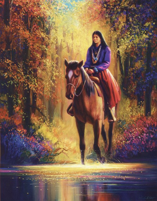 Серия "В индейском стиле" - река, кони, пейзаж, лошади, животные, девушка, осень - оригинал