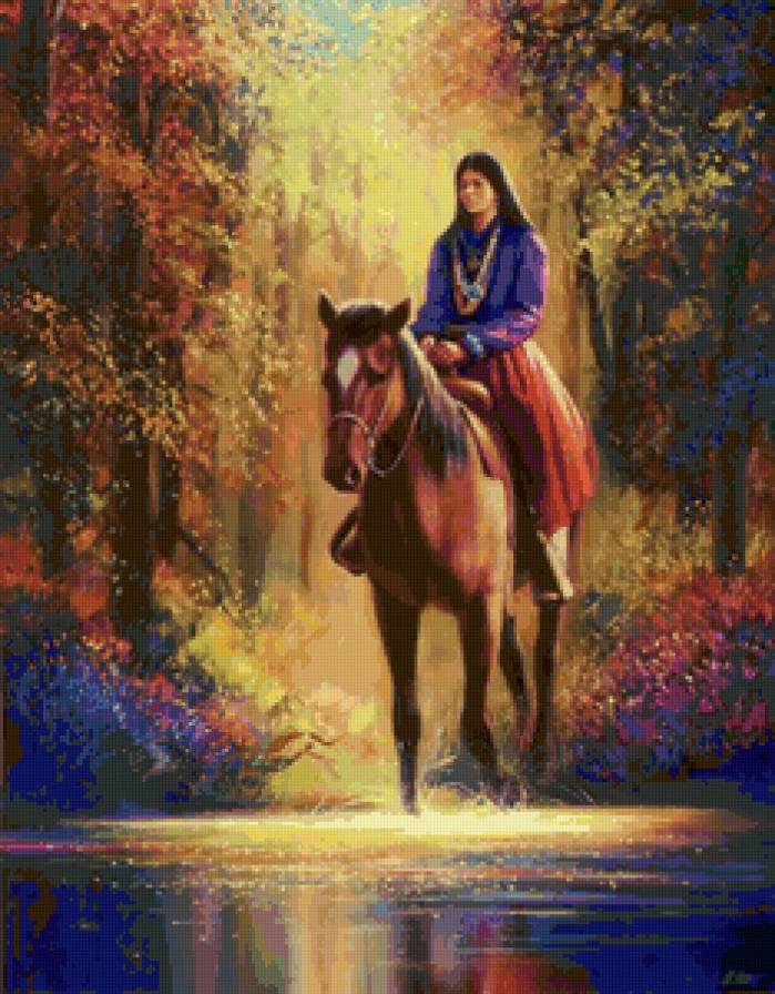 Серия "В индейском стиле" - лошади, девушка, река, животные, осень, кони, пейзаж - предпросмотр