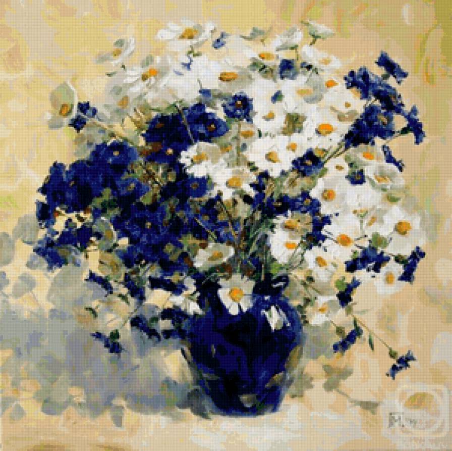 васильково-ромашковый букет - ромашки, букет, ваза, цветы, васильки - предпросмотр