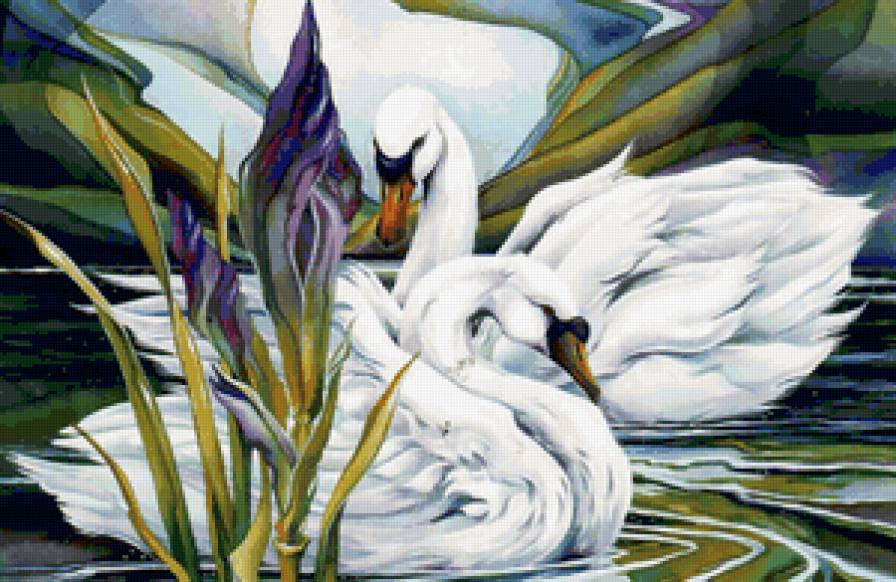 Jody Bergsma - пруд, цветы, лебеди - предпросмотр