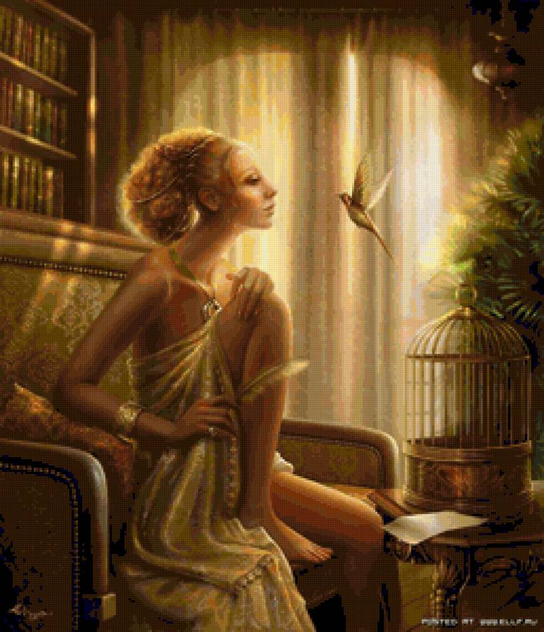 Девушка и птичка - клетка, птичка, девушка - предпросмотр