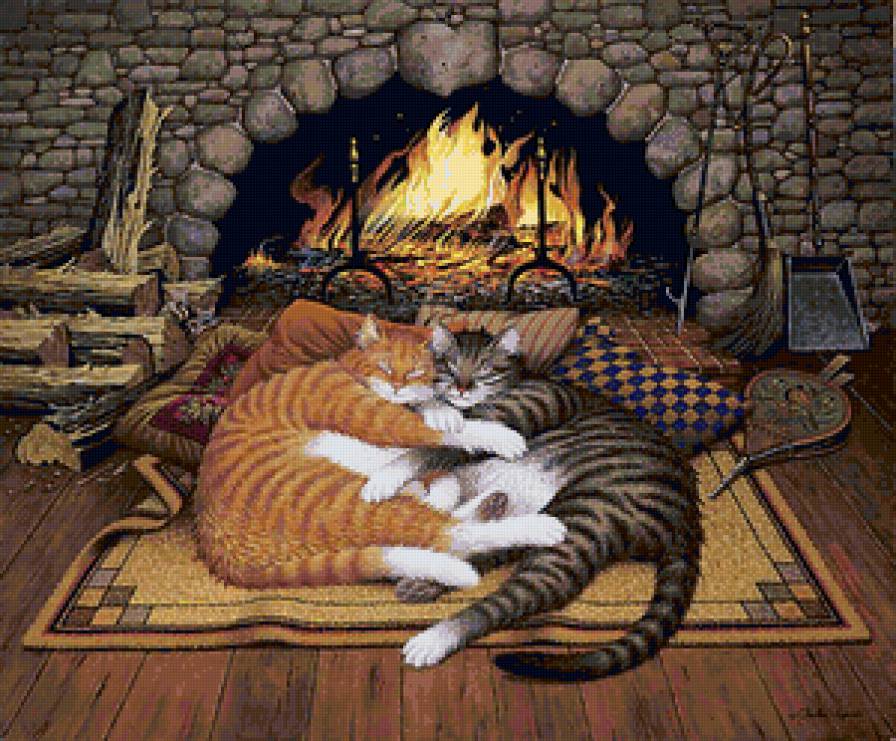 коты у камина (с орегинала картины Ч.Высоцкого) - коты. любовь..., уют, очаг - предпросмотр