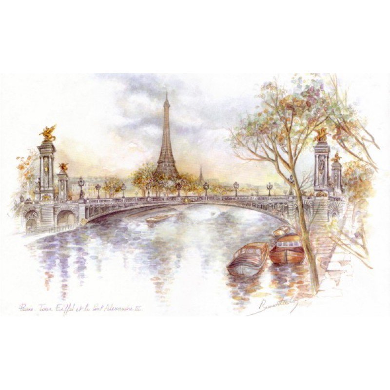 Акварель - париж, мост, эйфелева башня, франция, пароходики - оригинал