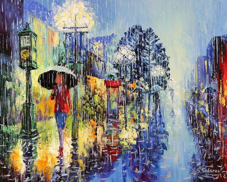 Дождливый город - дождь, дорога, дом, пейзаж, город, люди - оригинал