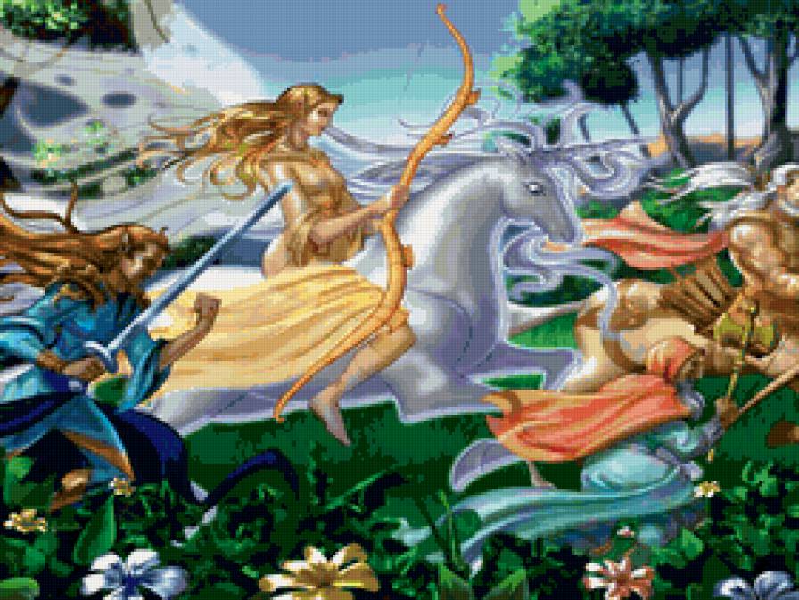 сказка - воин, воительница, эльфы, битва, белый, единорог - предпросмотр