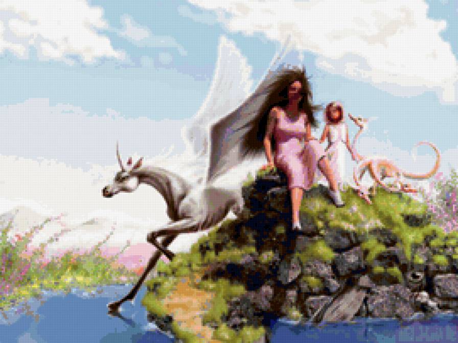 №166651 - крылья, фэнтази, белый, лошади, на горе, единорог, ручей - предпросмотр