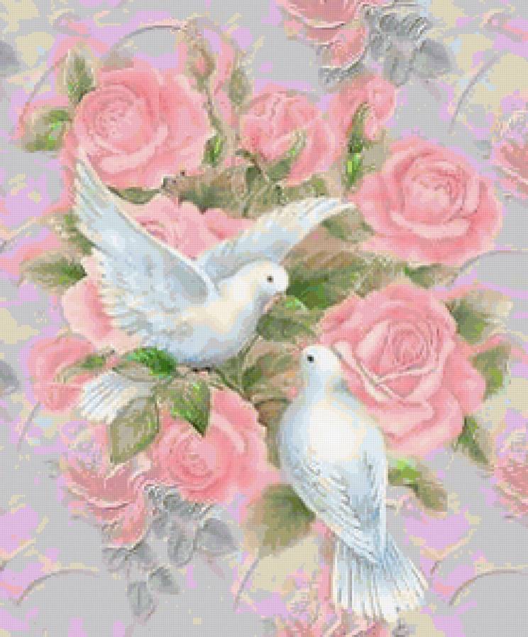 Нежность - природа, картина, льбовь, птици, голуби, цветы, свадьба - предпросмотр