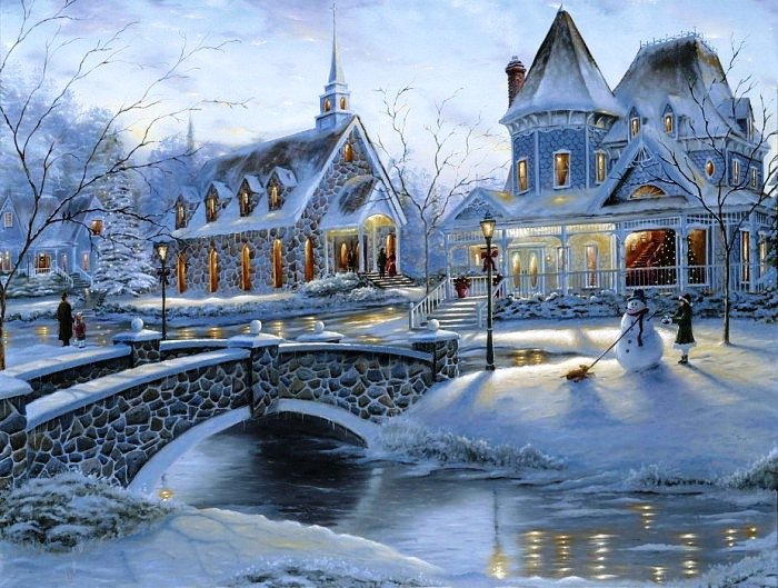 №167300 - озеро, мост, снег, дом, снеговик, зима - оригинал