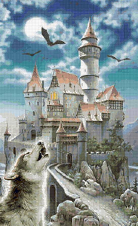 древний замок - замок, волк, здание, пейзаж - предпросмотр