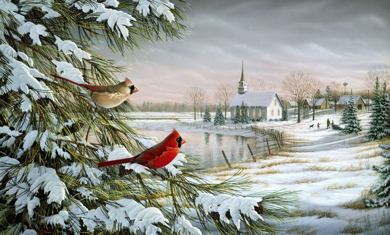 зима - пейзаж, птицы - оригинал