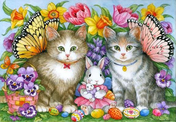 Пасхальная - яички, кролик, пасха, кот, кошка, виола, цветы, кошки в цветах - оригинал