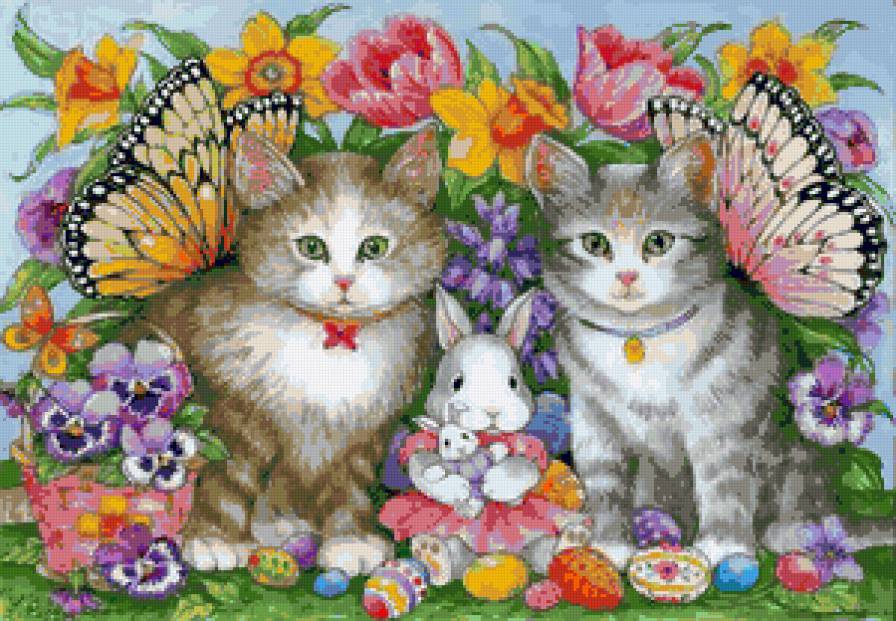 Пасхальная - кошка, яички, цветы, кошки в цветах, кот, кролик, пасха, виола - предпросмотр