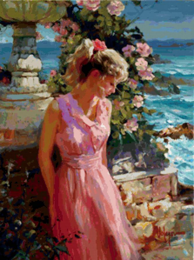 женский образ в живописи - цветы, море, девушка - предпросмотр