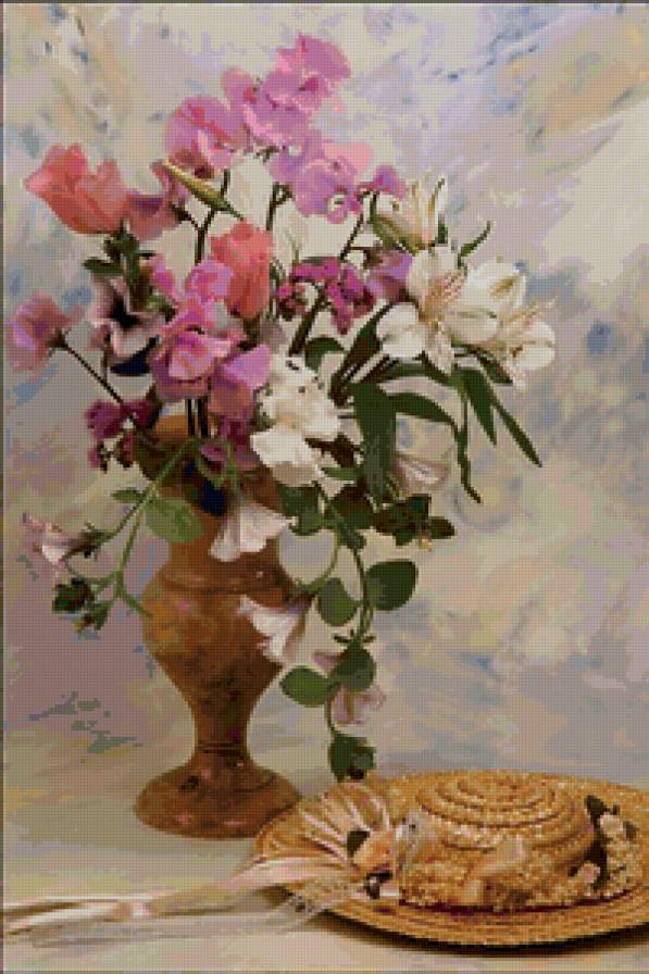 Натюрморт со шляпой - цветы, букет, натюрморт, шляпа - предпросмотр