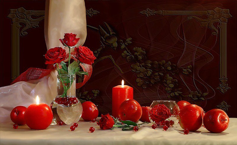 Вечерний натюрморт - натюрморт, розы, живопись, яблоки - оригинал