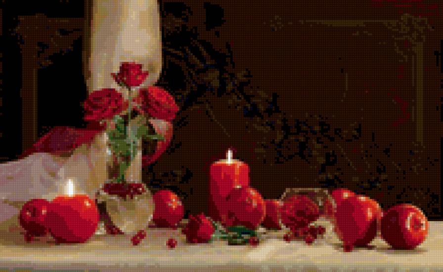 Вечерний натюрморт - яблоки, натюрморт, живопись, розы - предпросмотр