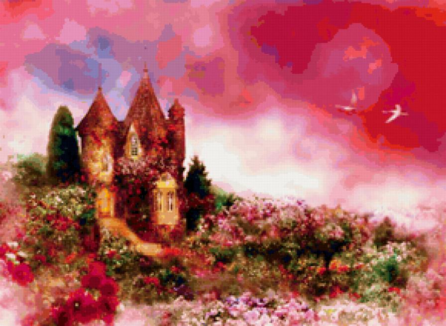 сказочный замок - дом, замок, фея, лебеди, особняк, домик - предпросмотр