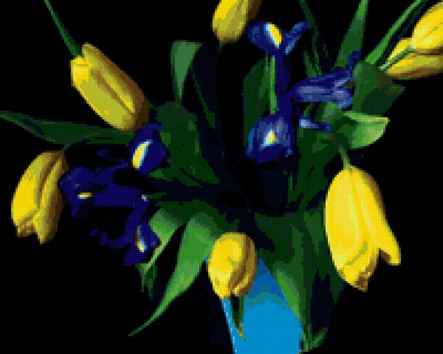 букет желтых тюльпанов и синих ирисов - цветы - предпросмотр