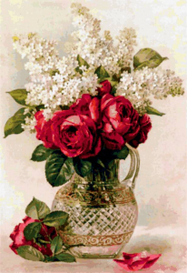 букет цветов - сирень, ваза, розы - предпросмотр