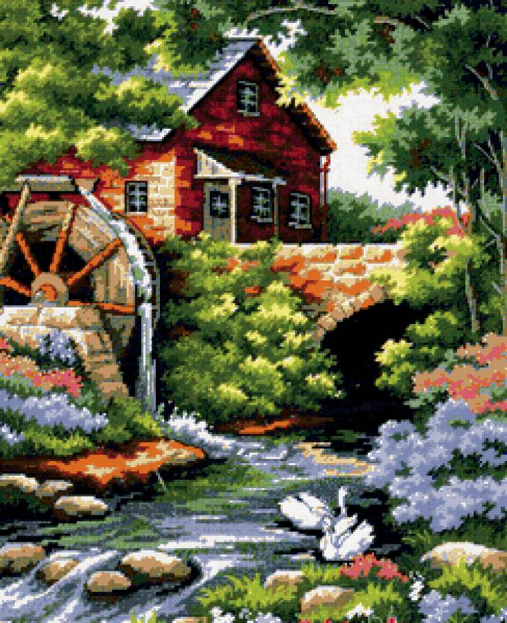 пейзаж - пейзаж, природа, домик, мельница - предпросмотр