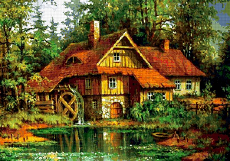 пейзаж - пейзаж, природа, домик, река - предпросмотр