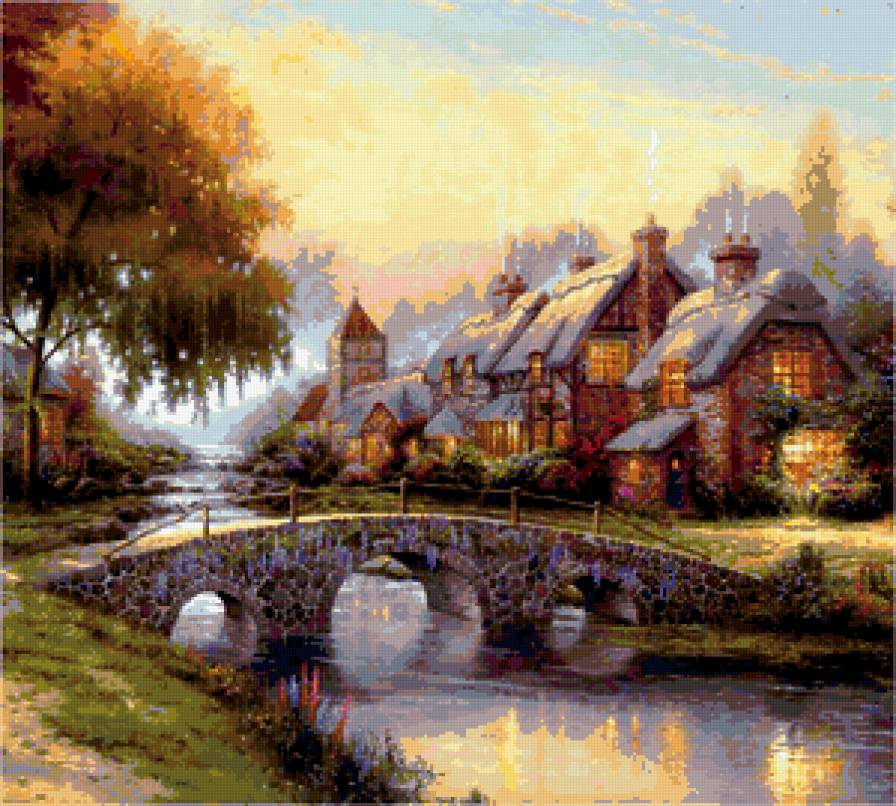 пейзаж - дом, пейзаж, природа, река, мост - предпросмотр