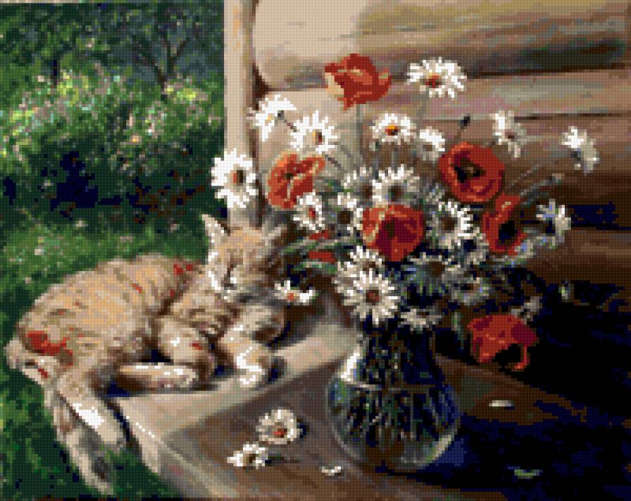 Кот и маки - цветы - предпросмотр