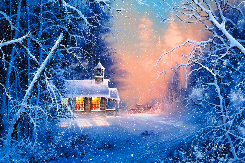 зимний пейзаж - дом, лес, зима - оригинал