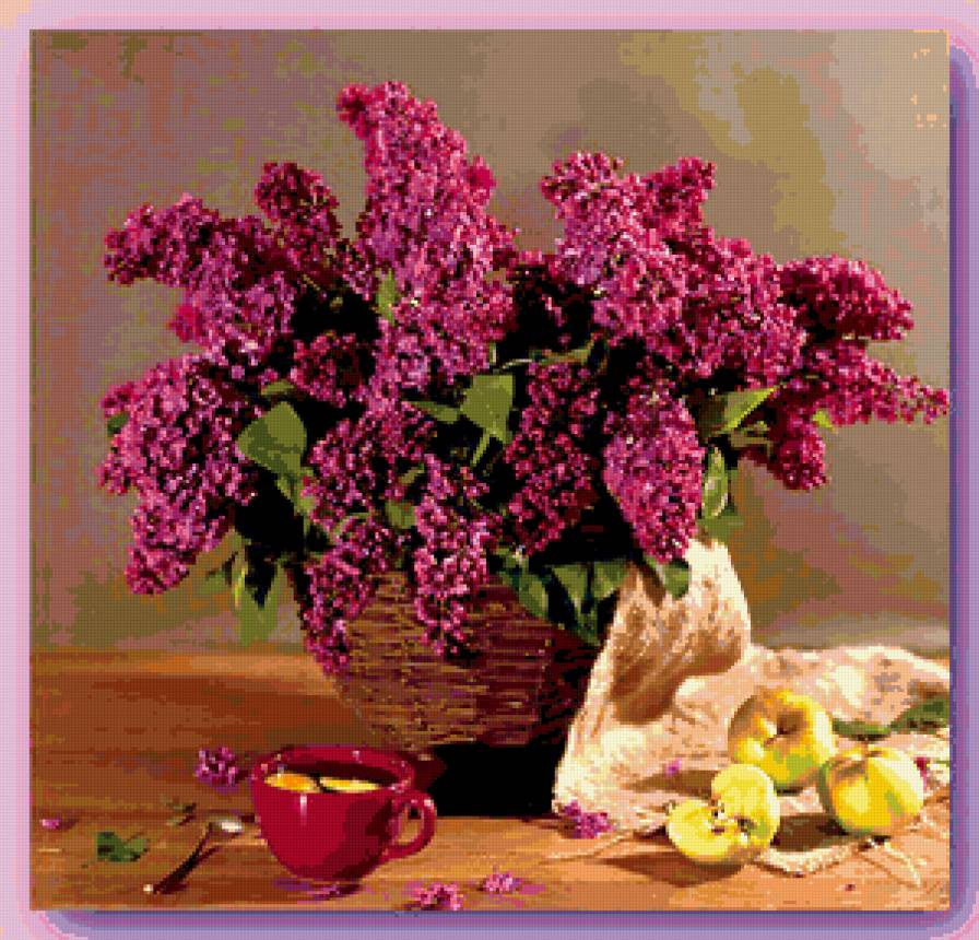 натюрморт - яблоки, ваза, сирень - предпросмотр