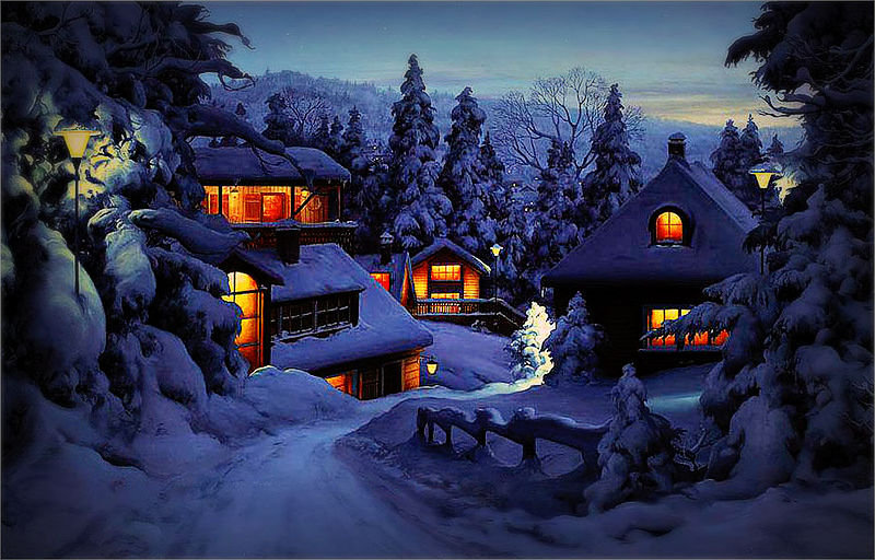 Уютные зимние домики - лес, дом, снег, ночь, зима - оригинал