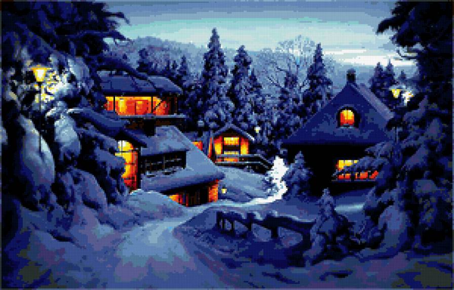 Уютные зимние домики - дом, снег, ночь, лес, зима - предпросмотр