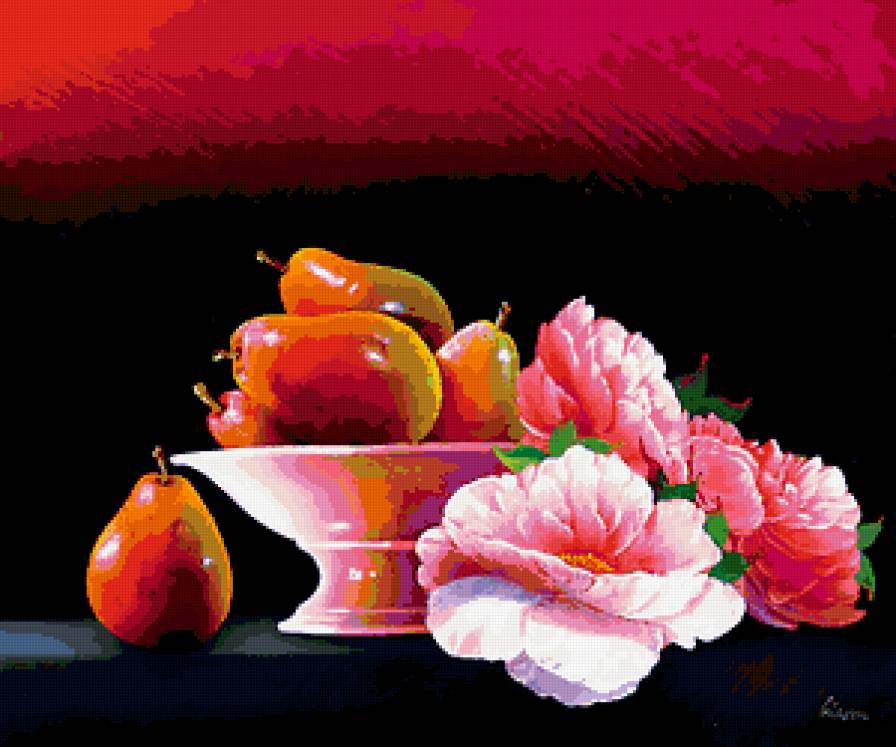 цветы и груши - фрукты, натюрморт, цветы - предпросмотр