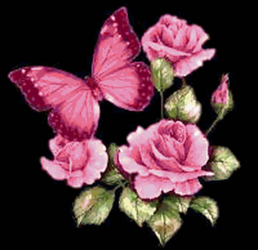 розы и бабочка - цветы, подушка, бабочка - предпросмотр