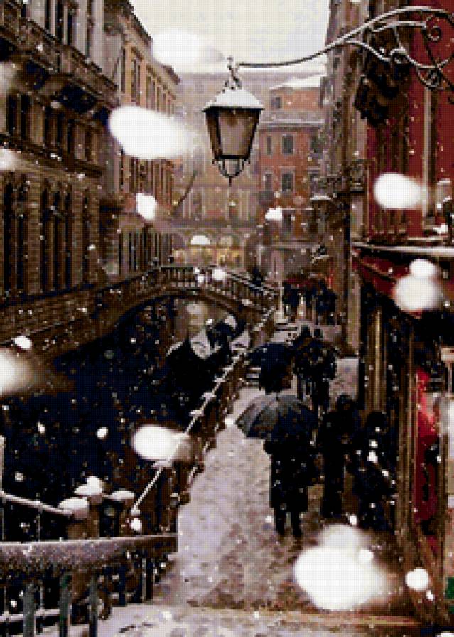 №171619 - снег, мост, зонтик, река, лодка, зима, венеция - предпросмотр