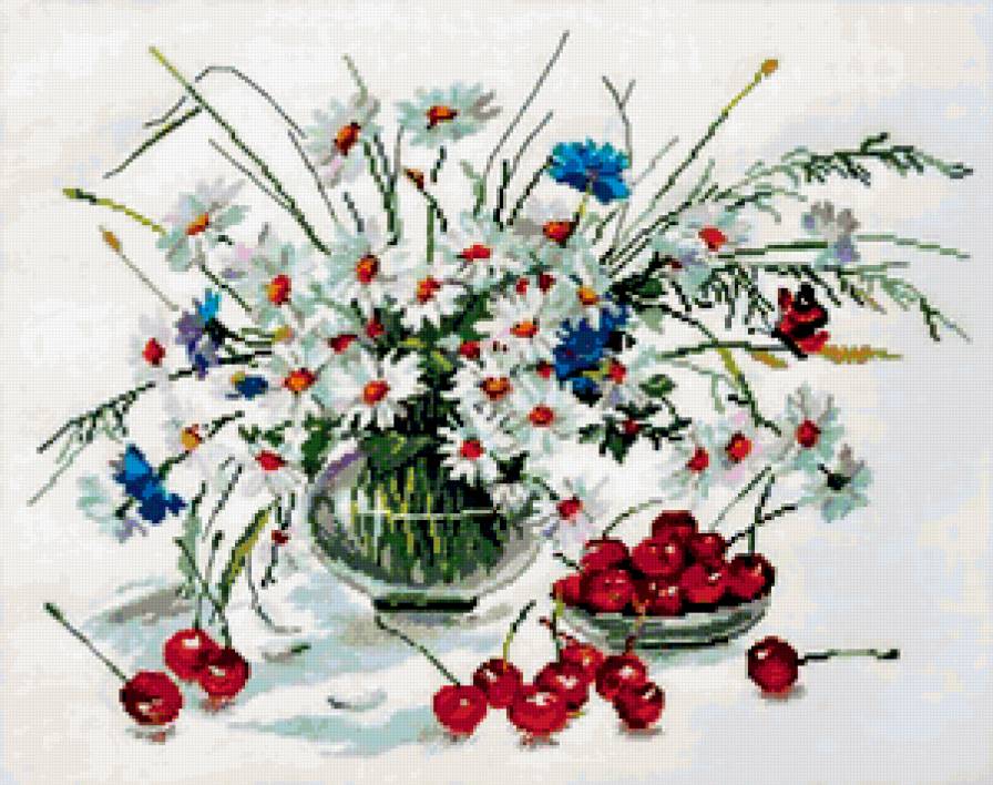 №171714 - ваза, бабочка, цветы, вишни, букет - предпросмотр