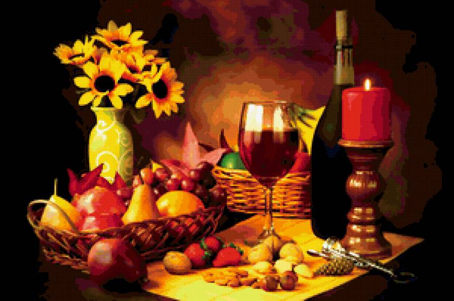 натюрморт - фрукты, свеча, цветы, вино, подсолнухи, натюрморт - предпросмотр