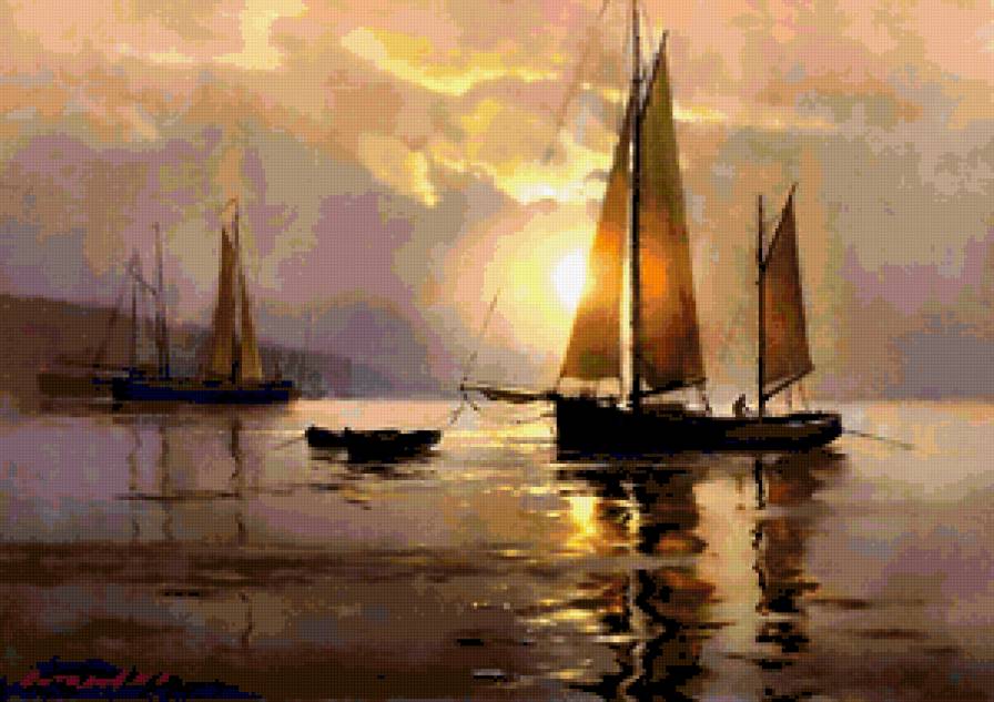 Закат - вода, море, парусник, закат, небо - предпросмотр