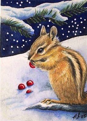 Бурундучок и ягодки - зверушки, рождство, бурундук, ягодки, снег, мышка, зима - оригинал