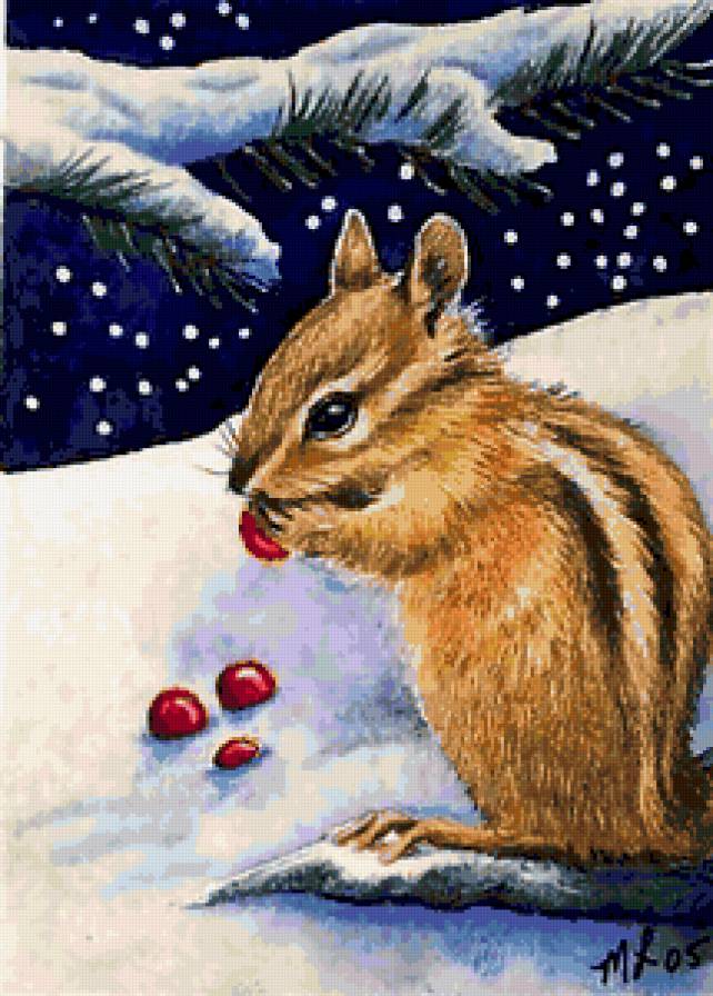 Бурундучок и ягодки - зверушки, ягодки, бурундук, снег, мышка, зима, рождство - предпросмотр