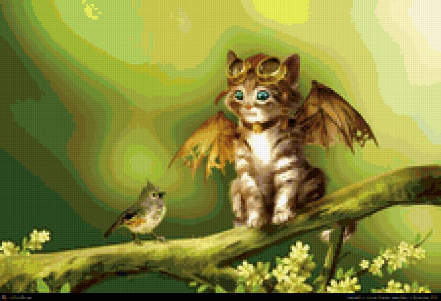 фэнтези - дерево, кошка, птичка - предпросмотр