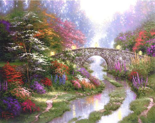 6565 - мост, пейзаж, цветок, весна, озеро, природа, дерево, деревья, цветы - оригинал