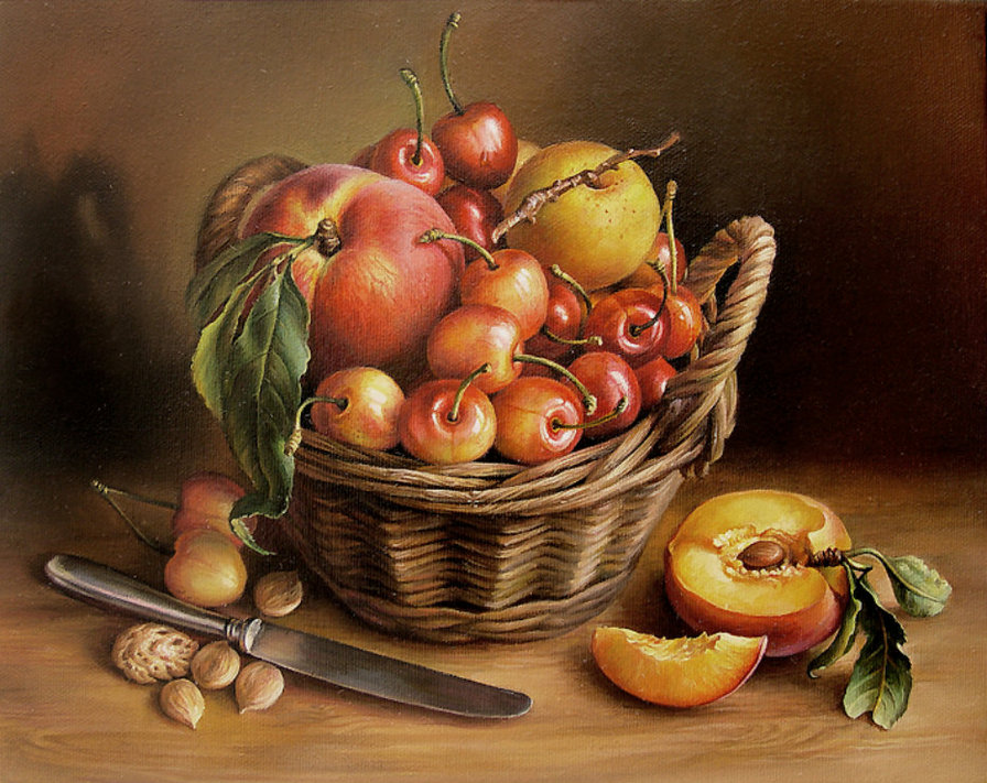 Корзинка с фруктами - персики, натюрморт, фрукты, черешня - оригинал